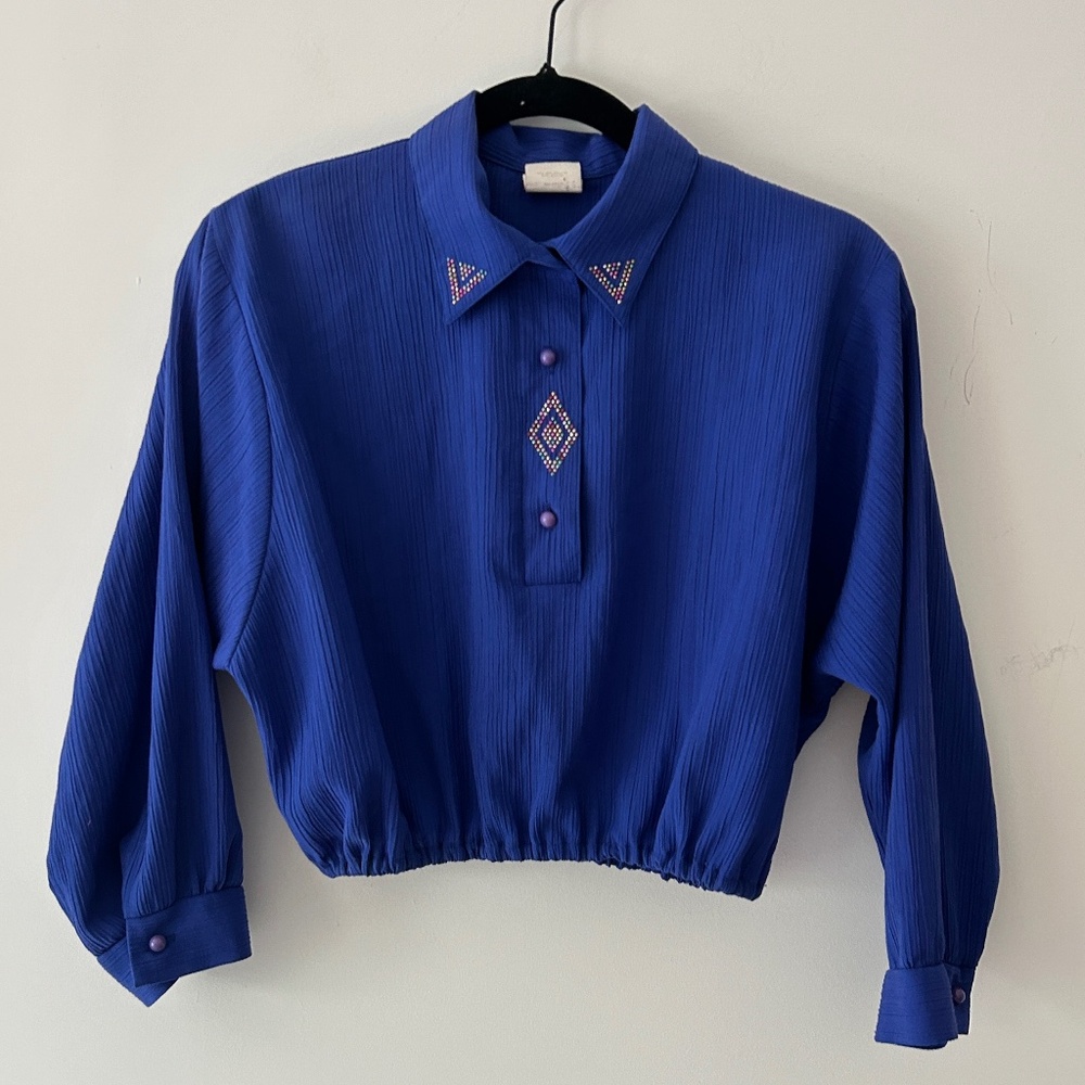 GW Division of Graff Sapphire Blue Cropped Blouse with Rhinestone Details